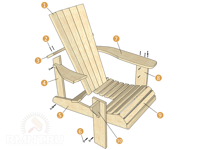 Чертеж кресла адирондак из дерева с размерами